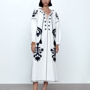 NWT New ZARA White and Black Embroidered Midi Dress XS Oversized Bohemian Boho